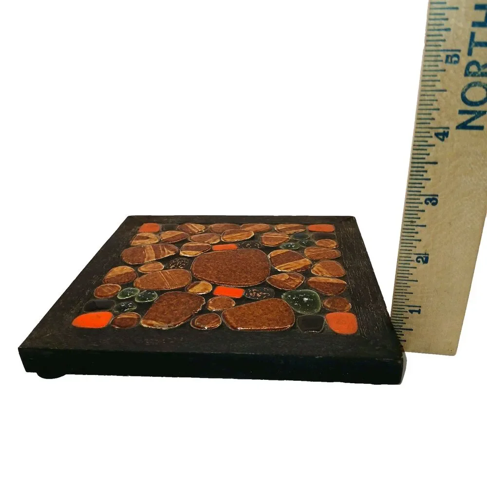 Brown Orange Black Brown Mosaic Stone Tile MCM Trivet Hot Plate Made in Japan